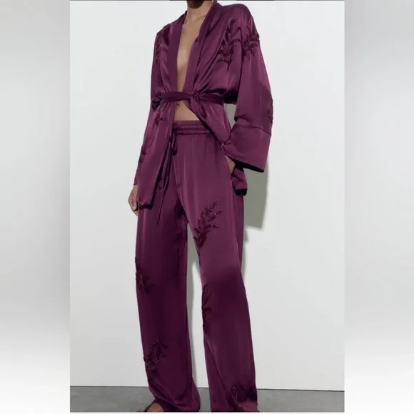 Zara 2 Piece Embroidered Beaded Kimono and Pants Co Ord Set - Picture 6 of 9